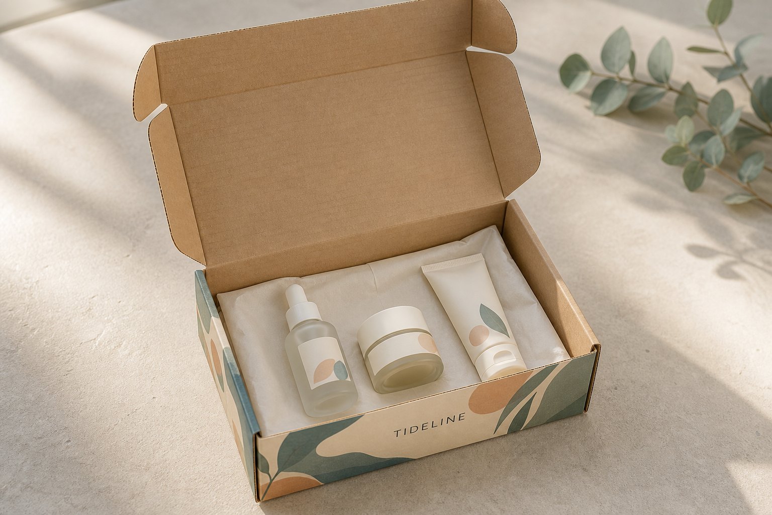 Open mailer box viewed from above showing a skincare kit arranged on white tissue paper inside, with multiple light-colored product bottles visible demonstrating interior depth and packing arrangement.