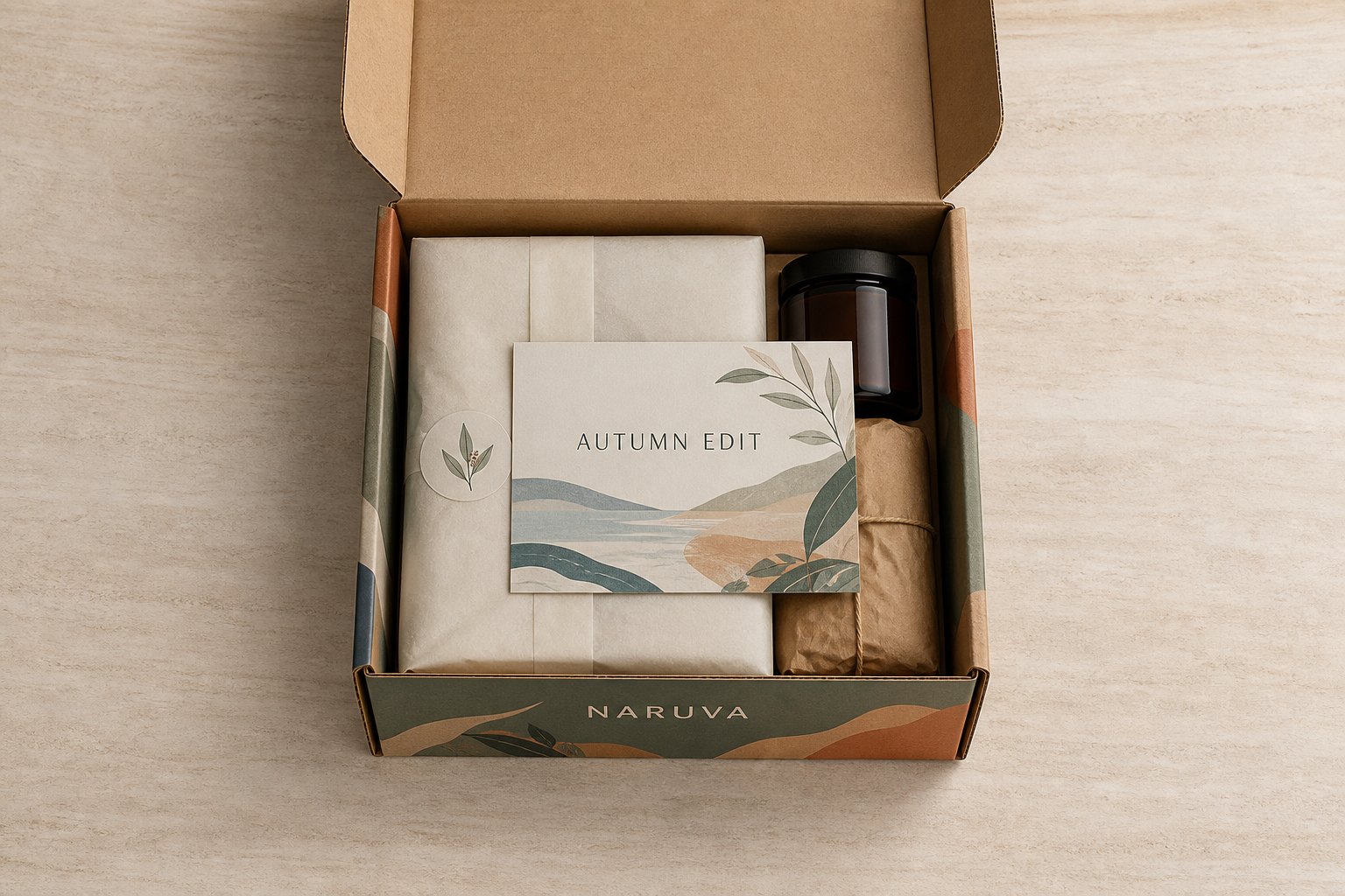 Open subscription box viewed from directly above with a seasonal 'Autumn Edit' insert card displayed face-up on neatly arranged products, kraft interior visible with branded bottom panel.