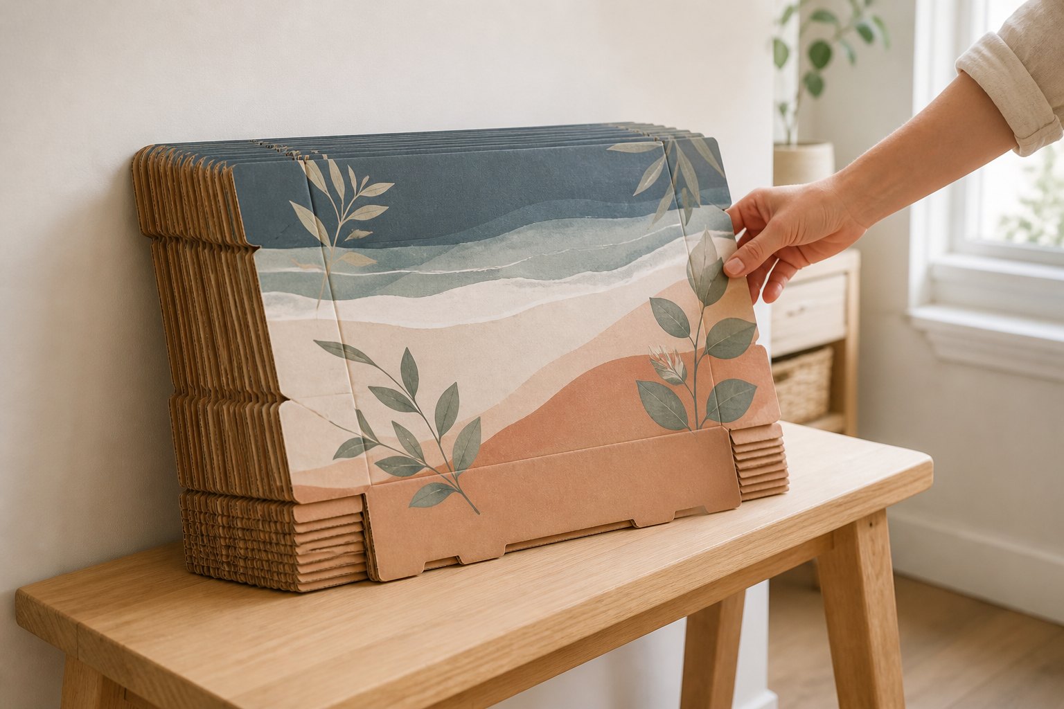 Compact stack of flat-packed branded mailer boxes leaning against a wall with botanical designs, hand reaching to pull one box, demonstrating efficient storage and ready state for dispatch.