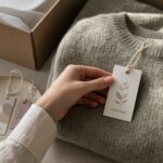A hand ties a leafy portrait swing tag to a knit jumper, with smaller tags in varied designs laid out nearby on cotton string.