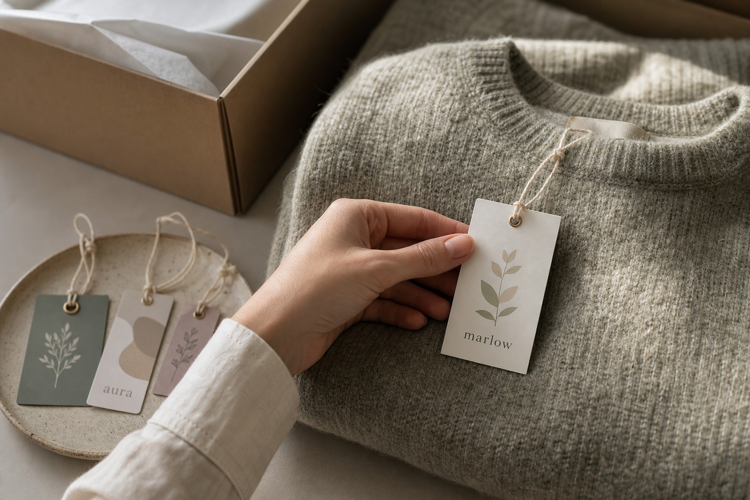 A hand ties a leafy portrait swing tag to a knit jumper, with smaller tags in varied designs laid out nearby on cotton string.