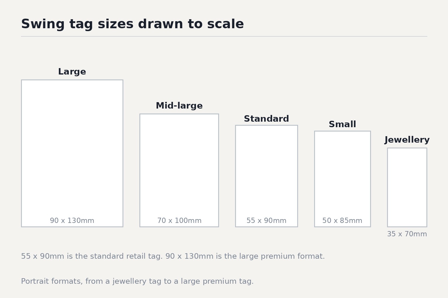 Portrait formats, from a jewellery tag to a large premium tag.