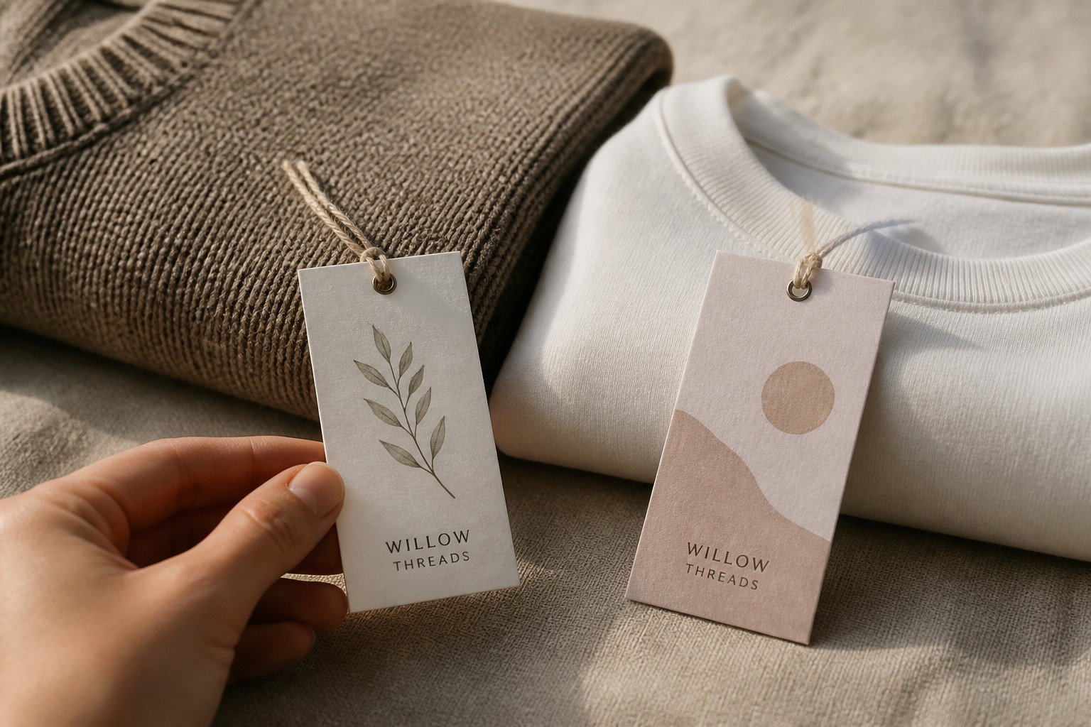 Two rectangular tags, one leaf print and one sun and hill design, hang by cotton string against folded knitwear.
