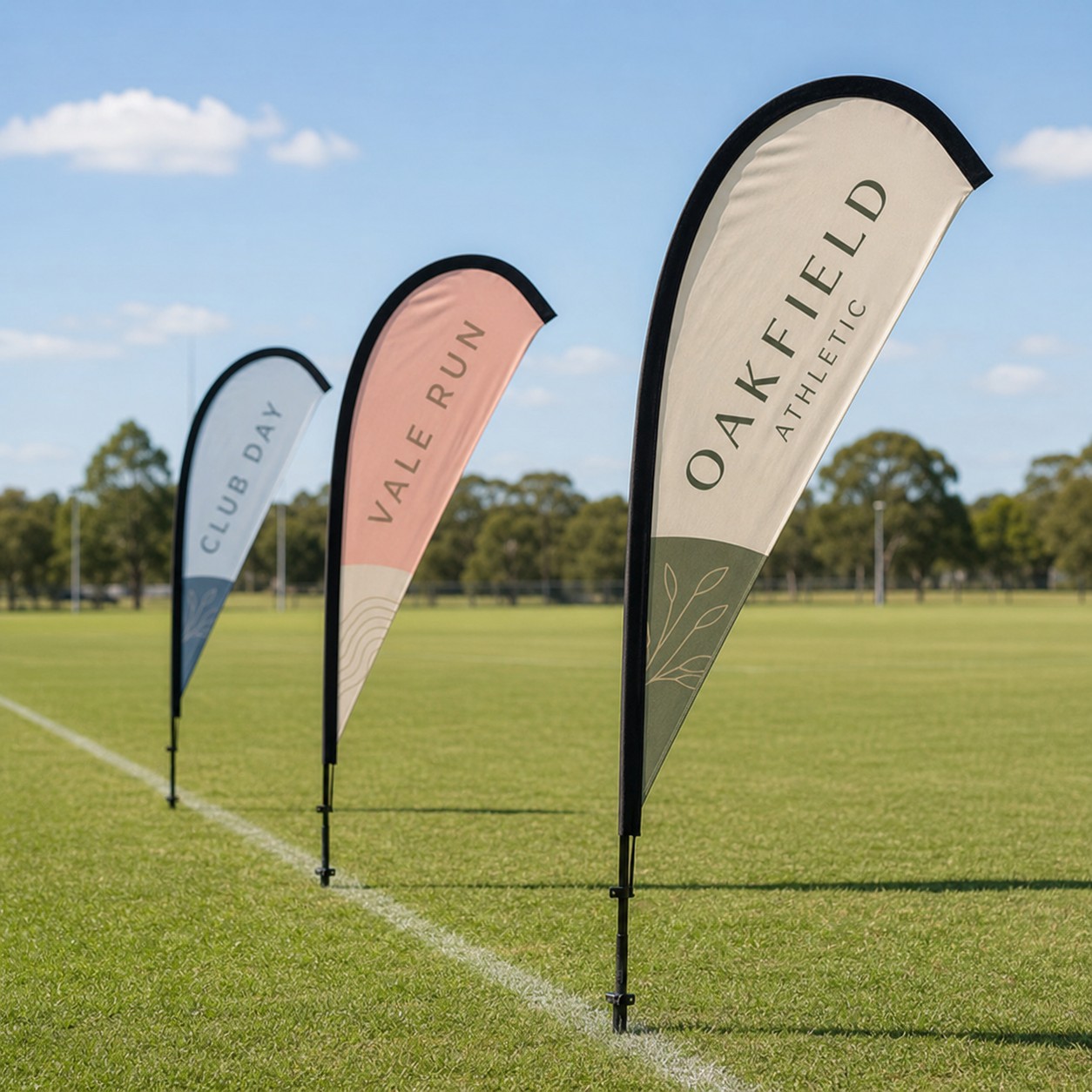 Teardrop flag poles driven straight into the turf of a sports field on their ground spikes