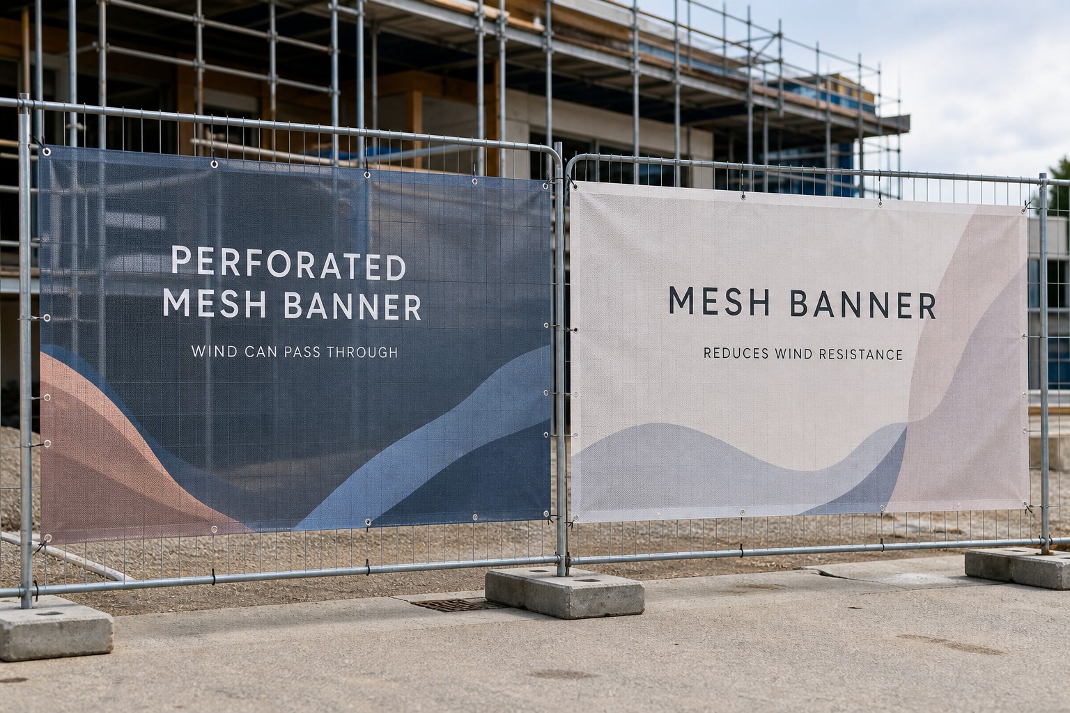 Left: 510gsm solid vinyl banner · Right: mesh banner · comparison showing wind load and surface tension on chain-link fence