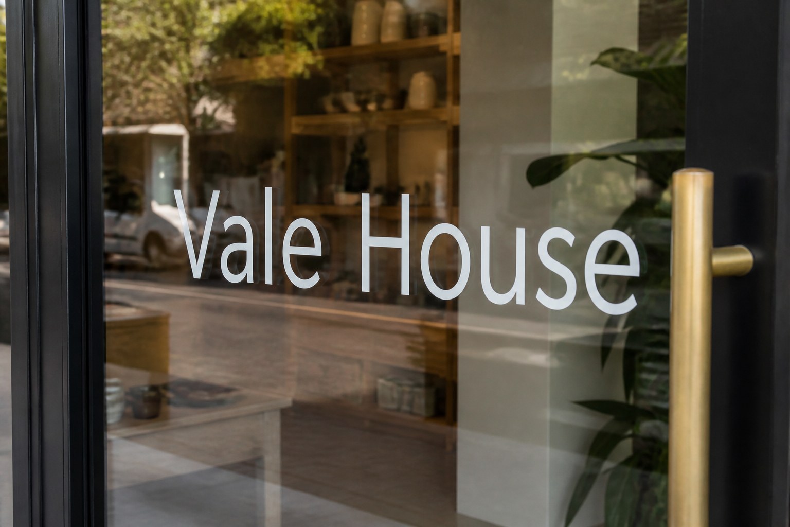 Close-up of white cut vinyl lettering on a glass shopfront window, showing clean edges, no background film and surface between characters.