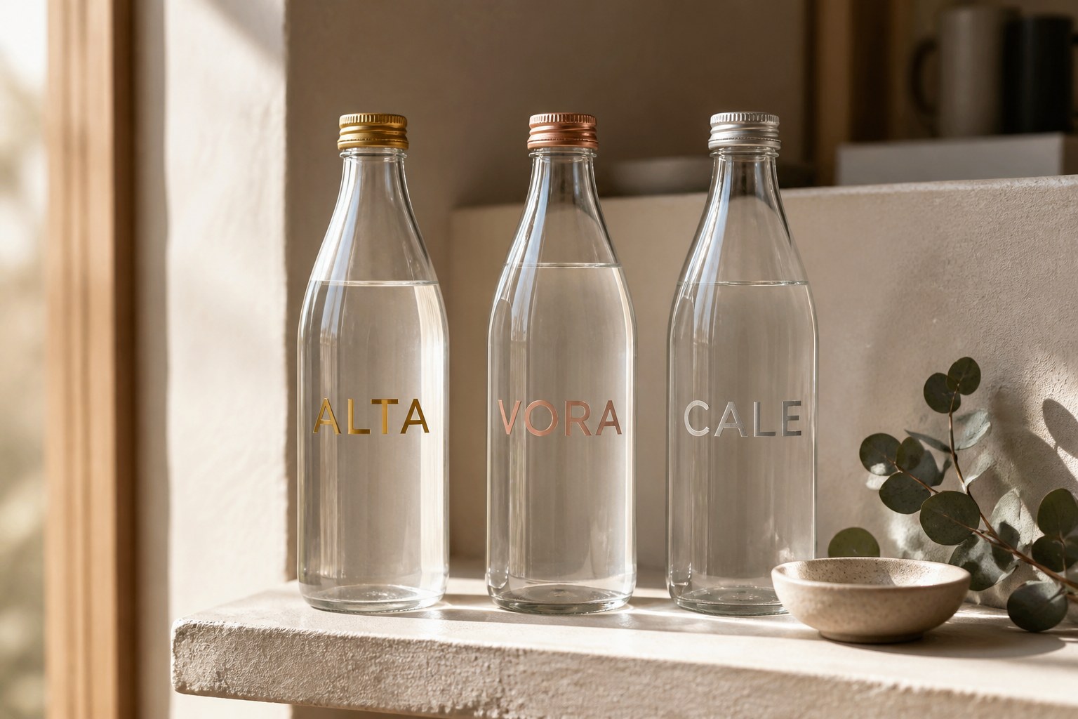 Three clear glass drink bottles on a pale plaster shelf, each lettered in gold, rose gold or silver cut metallic vinyl, with matching lids.