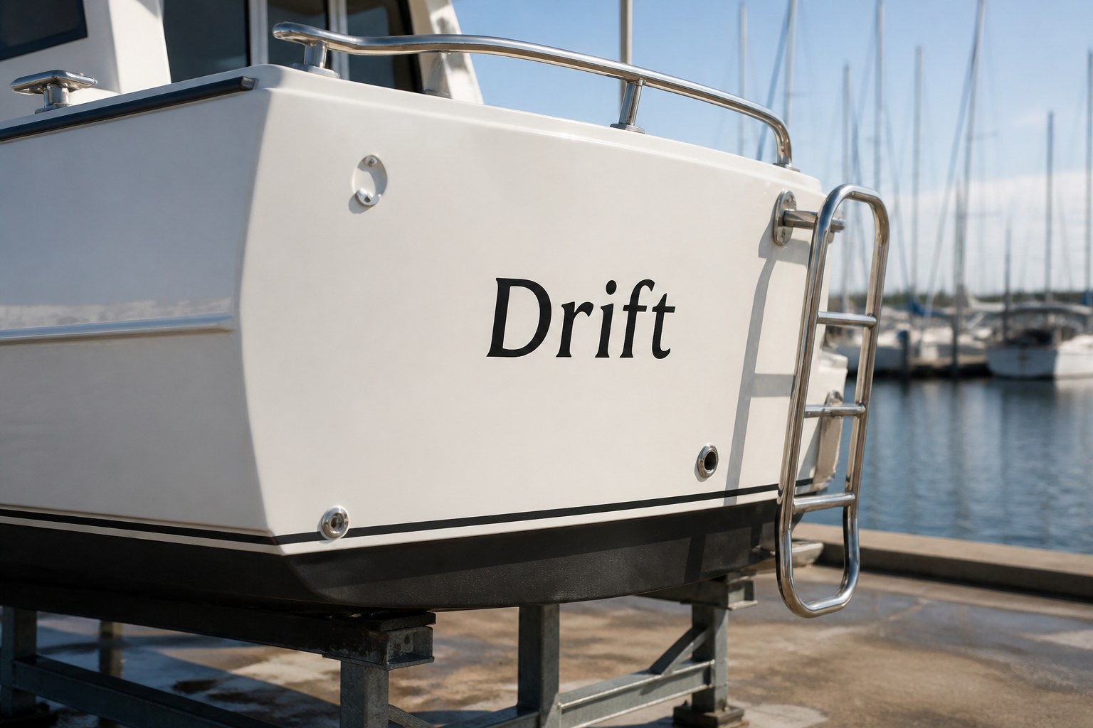 Stern of a white recreational boat on a steel cradle, black boat name on painted transom above the dark antifoul band, blurred marina behind.