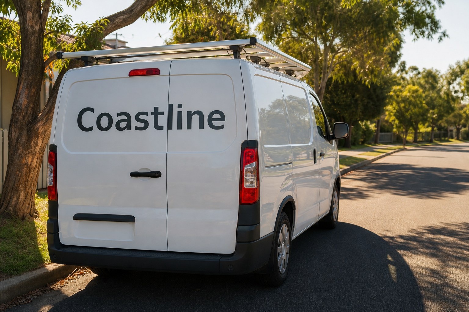 A white tradesperson van parked at a kerb, dark grey cut lettering across the rear door, late afternoon sun and hard tree shadow across the road.