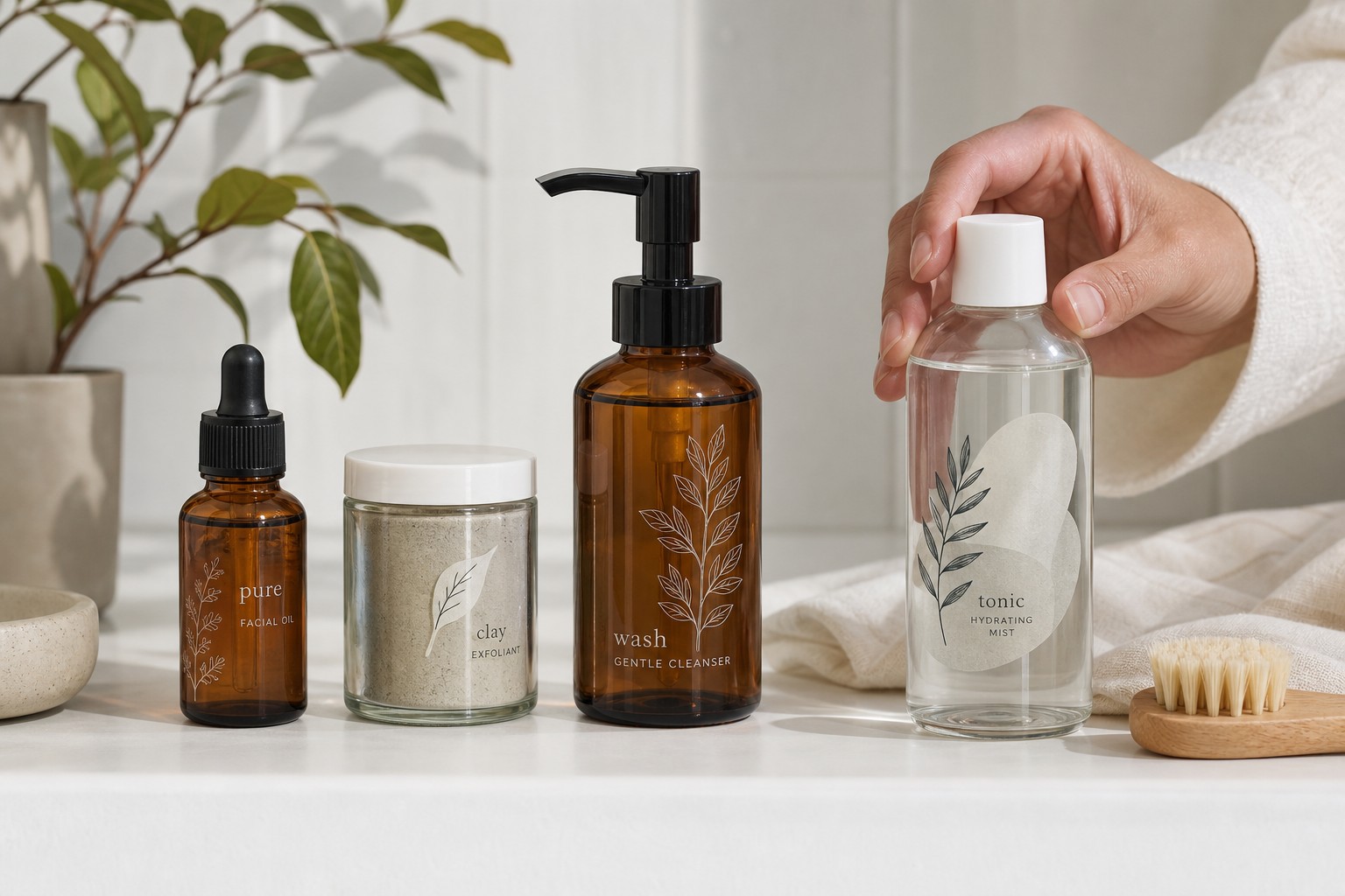 A hand reaches for a clear glass tonic bottle with a leaf print label, beside amber and glass skincare bottles on a bench.