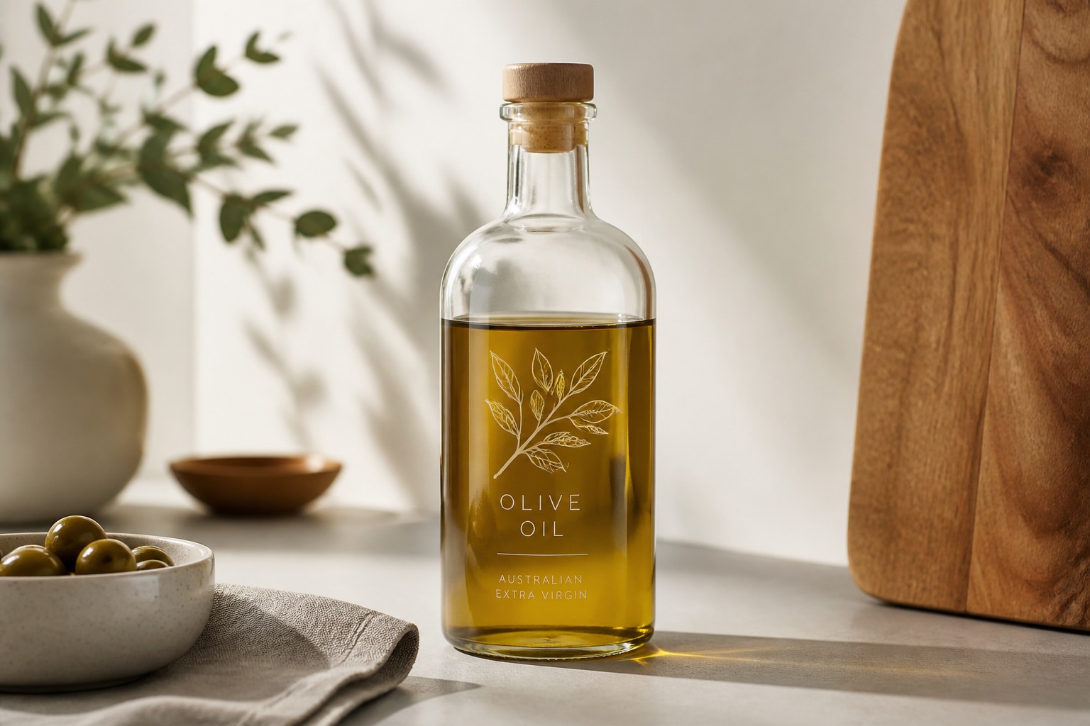 A clear label sits flush against the bottle, giving this olive oil design a printed-on-glass look, no visible border.