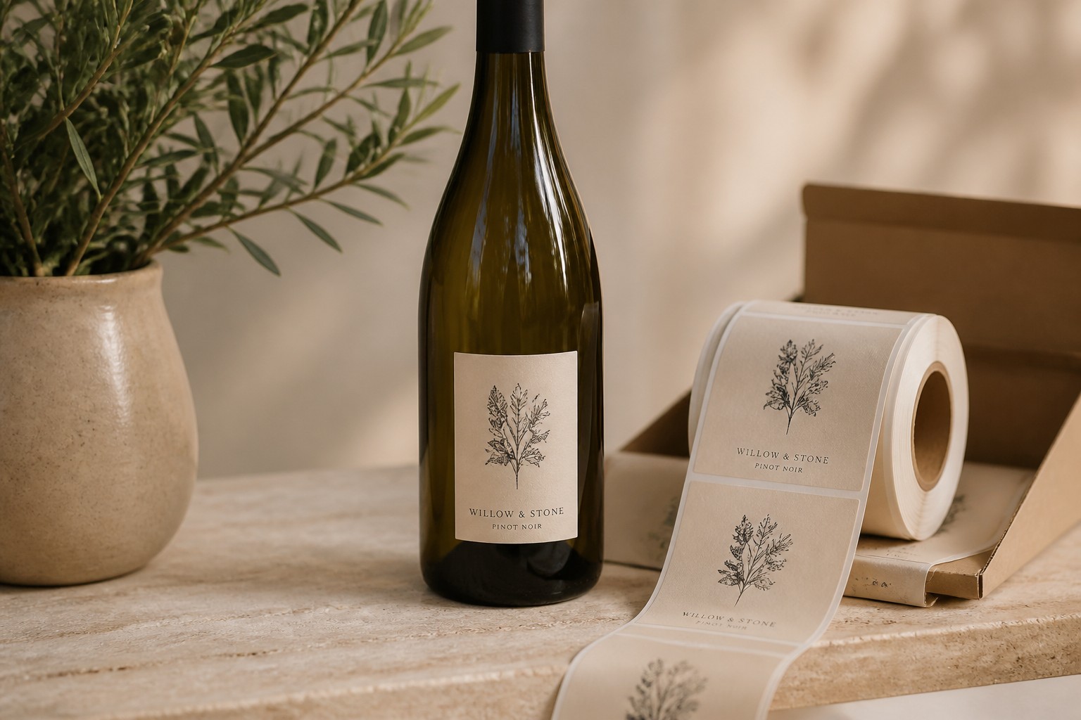 A roll of tan botanical labels sits next to a wine bottle applied with the matching design, ready for a production run.