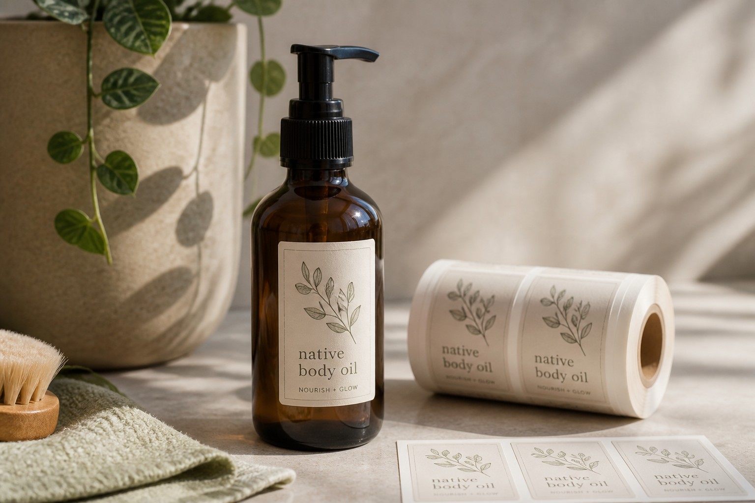 A roll and sheet of matching labels sit beside an amber pump bottle carrying the same botanical design.