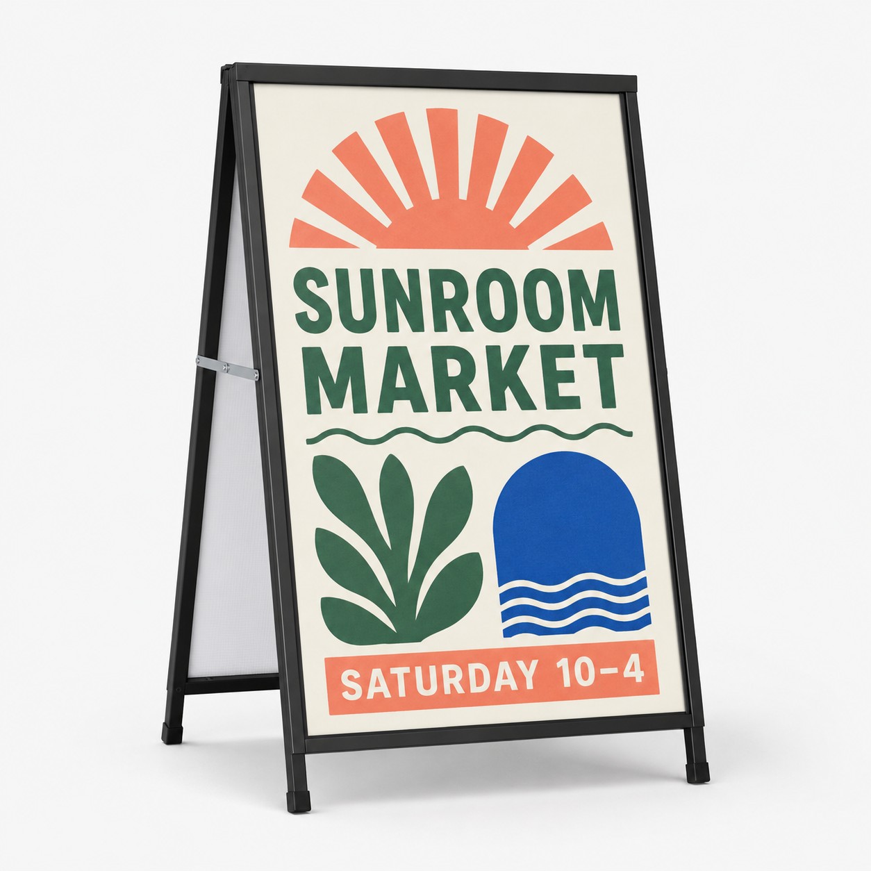 A-frame sign with black powder coated steel frame and one printed 600 x 900 mm corflute panel, front view on a plain light studio background