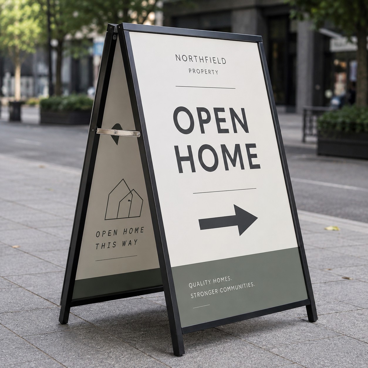 A-frame sign with black powder coated steel frame, printed corflute panels both sides, large arrow front panel, on a paved footpath