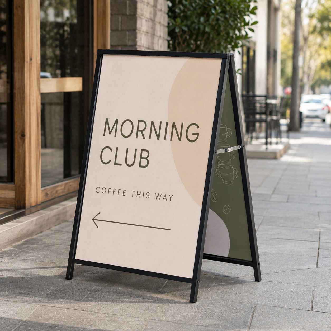 A-frame sign with black steel frame and printed corflute panel with arrow, on a footpath outside a cafe with outdoor chairs and trees behind