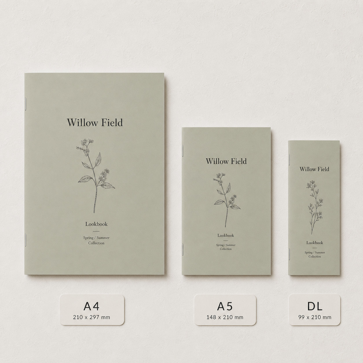 Booklet sizes compared · A4 210 x 297 mm, A5 148 x 210 mm and DL 99 x 210 mm · 170 gsm matte cover
