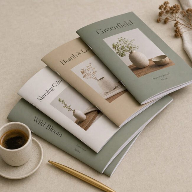 A5 booklets stacked · 170 gsm matte cover · full-colour digital print · saddle stitched, no lamination