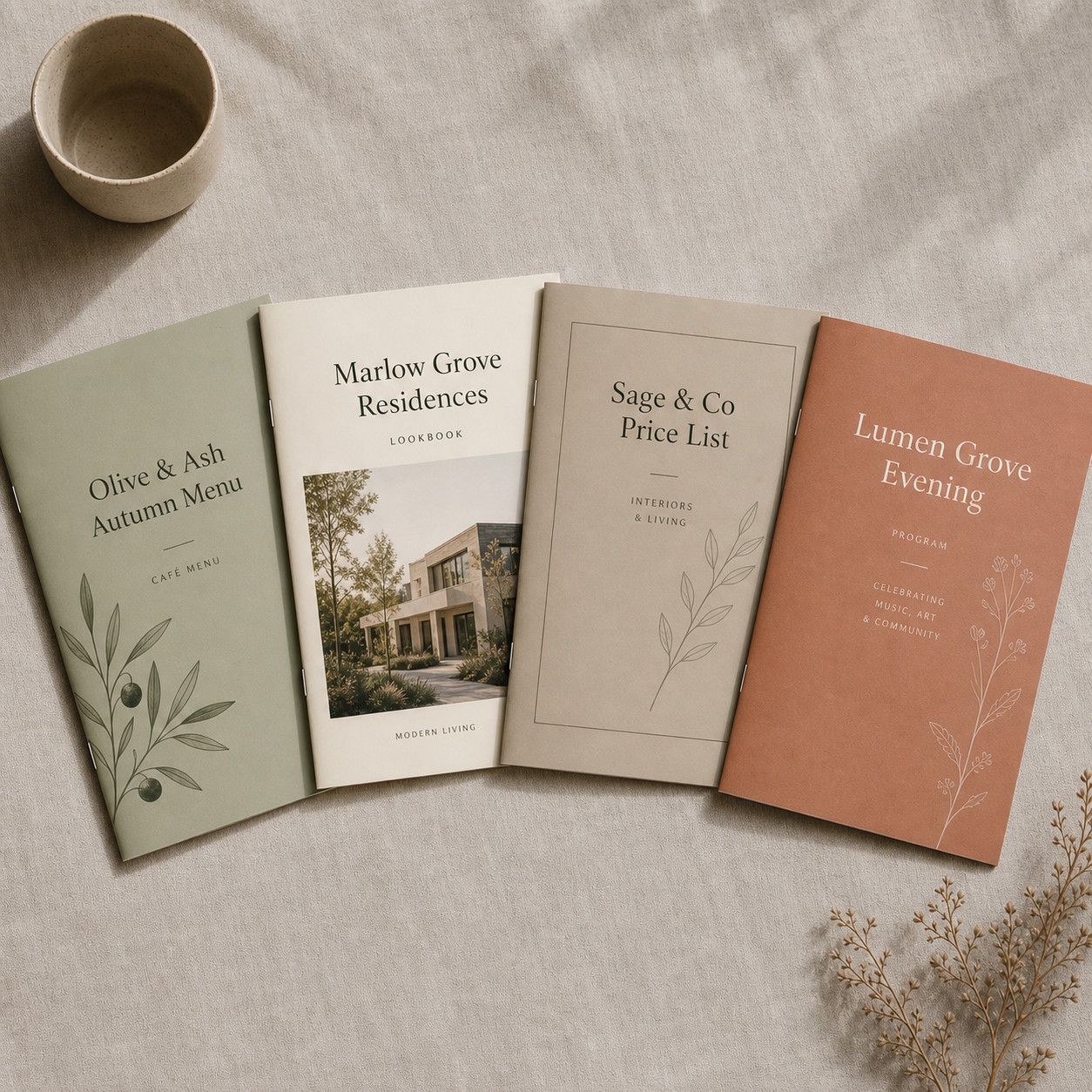 A5 booklets as a cafe menu, lookbook, price list and event program · 128 gsm matte inside pages · saddle stitched