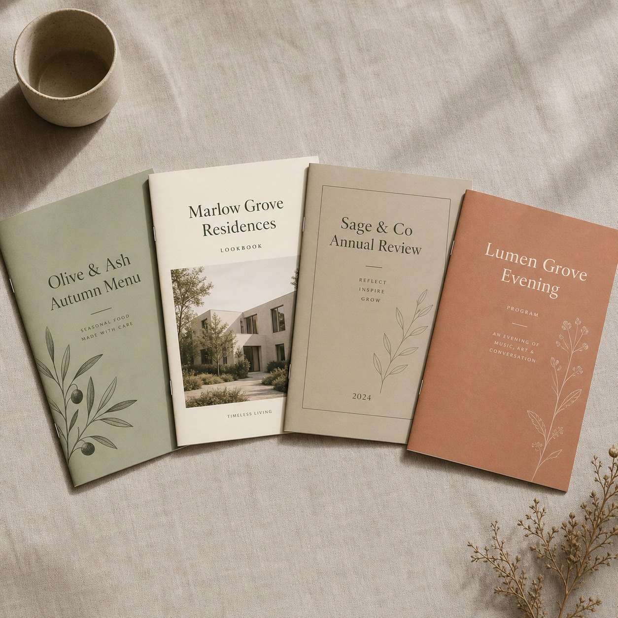 Four A4 booklets with saddle stitching on natural linen, sage, cream, oat and terracotta covers for different uses