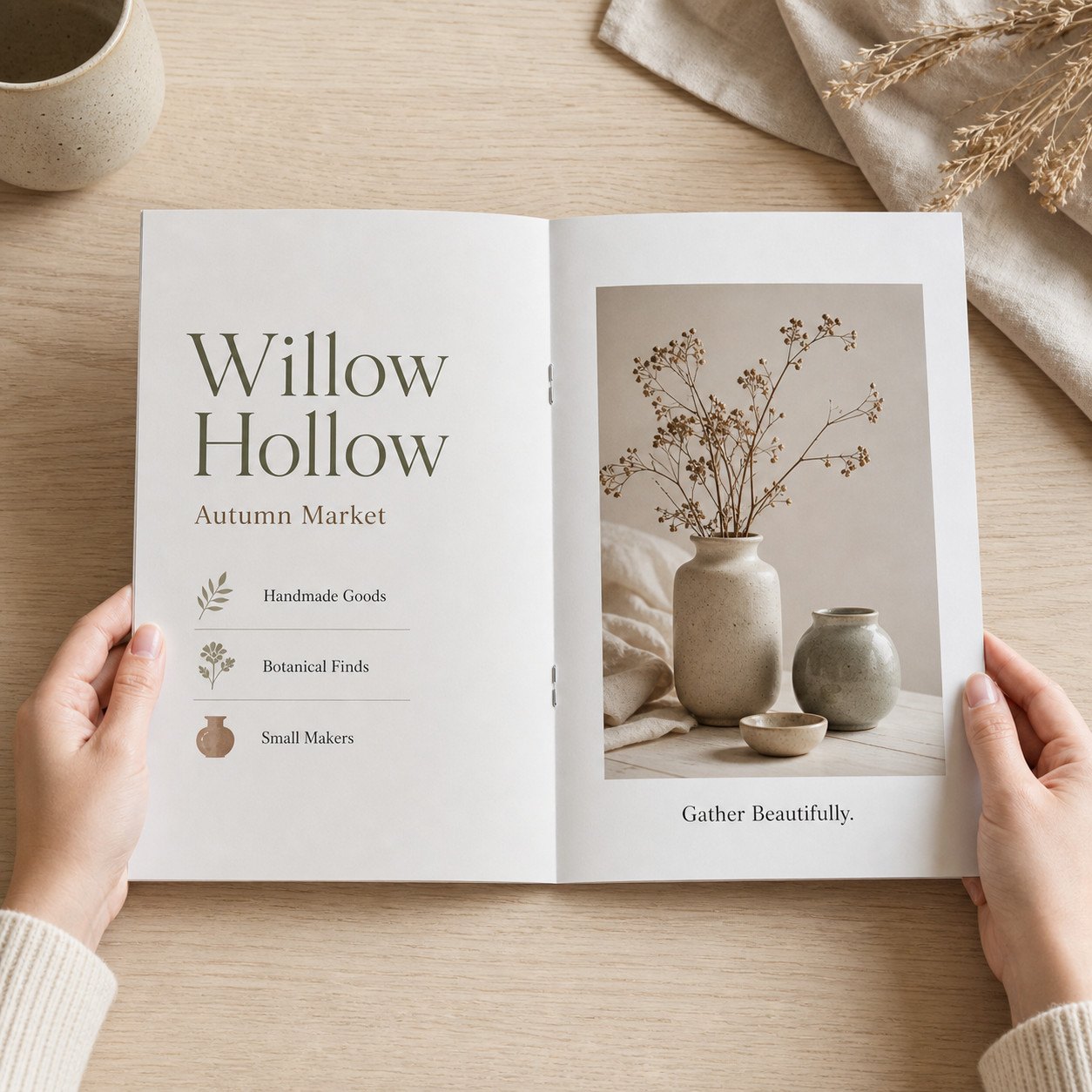 Two hands hold an A5 booklet open to a spread showing a title page with line icons and a photo of dried flowers