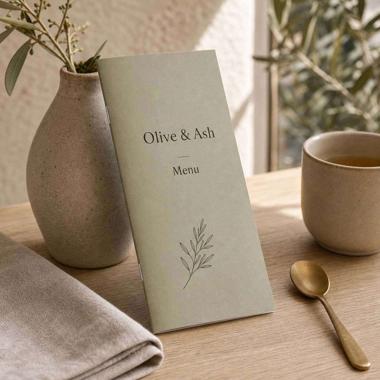 Tall slim sage green DL menu booklet with botanical line drawing upright on cafe table beside stoneware vase and tea cup