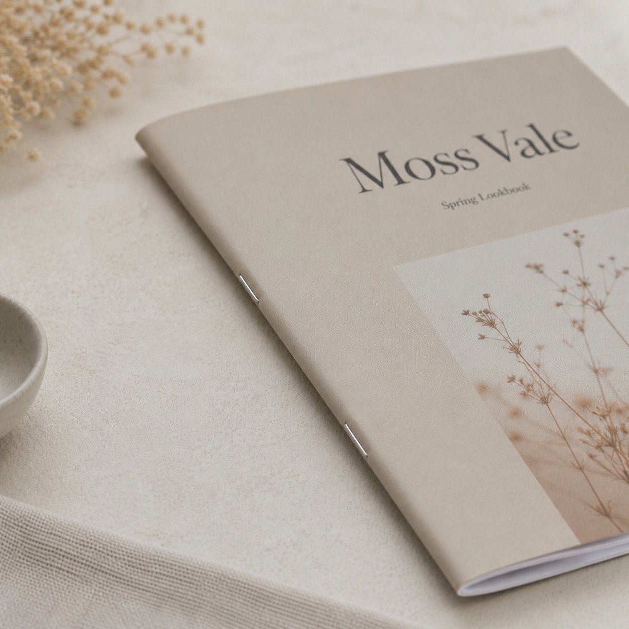 Tall slim DL booklet with oat matte cover, dried grass photo and silver staples on spine