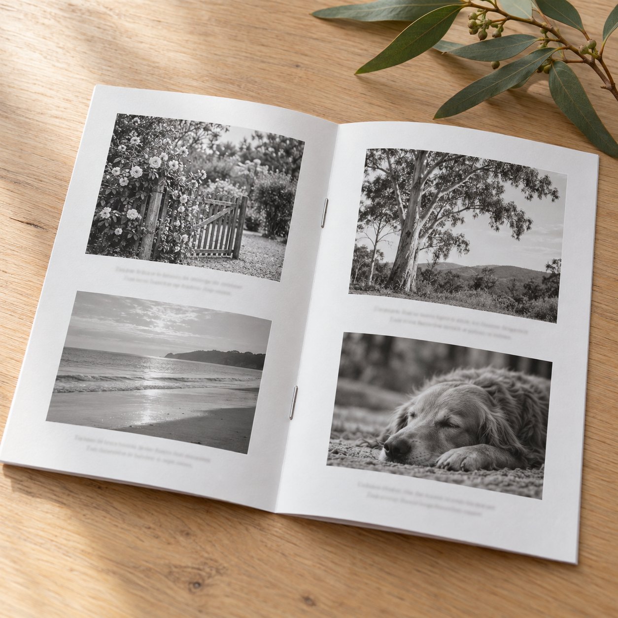 One A5 funeral order of service booklet open at centre spread on pale oak, four black and white photos, staples in fold