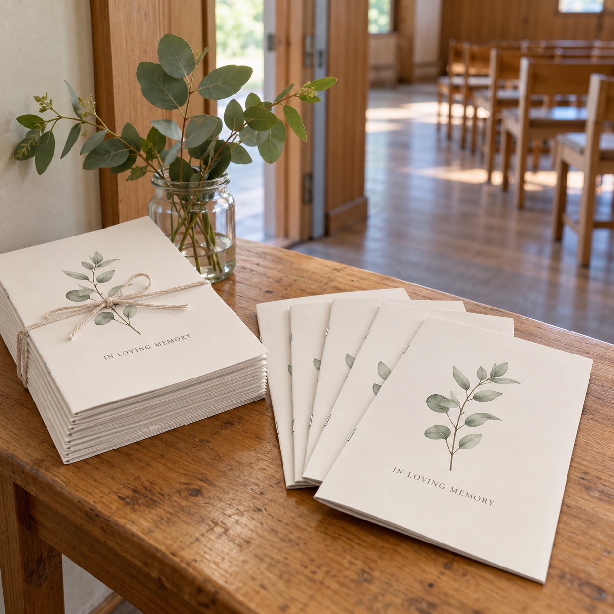 Pile of closed A5 funeral order of service booklets tied with ribbon, five fanned showing covers and wire staples