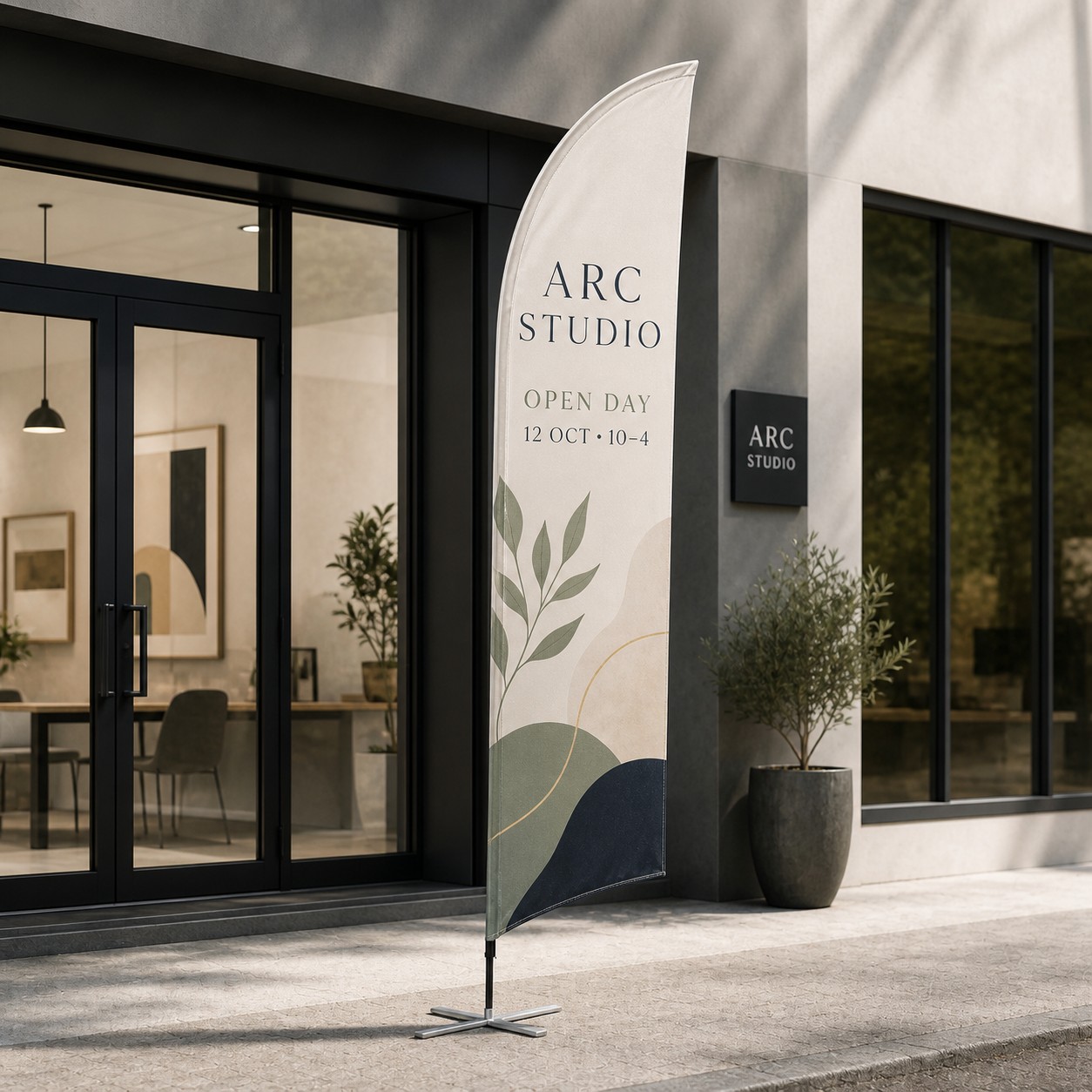 Bow banner curved in cream, sage green and navy on a flexible pole with cross base outside a modern storefront with potted plants