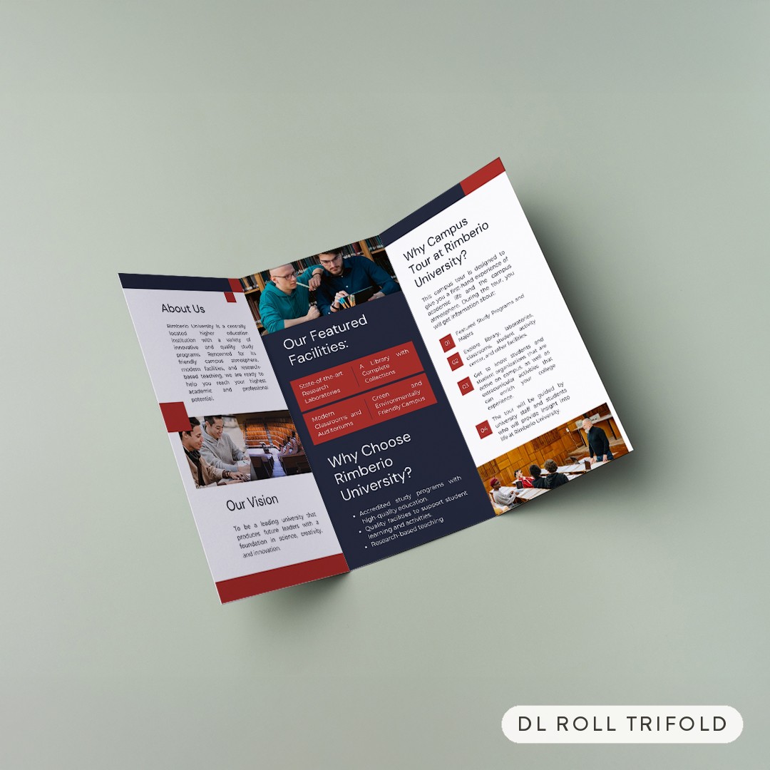A three-panel brochure angled on a plain pale sage green background, with navy, white and red panels and photos of students and a library.
