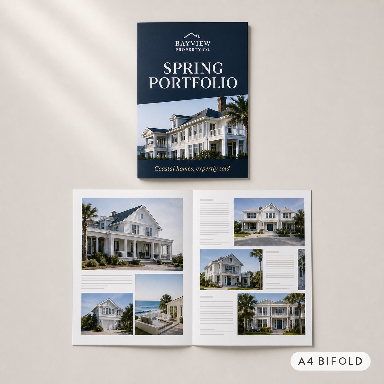 A closed navy brochure with a two-storey house and palm trees sits beside the same brochure opened flat on a warm off-white surface.