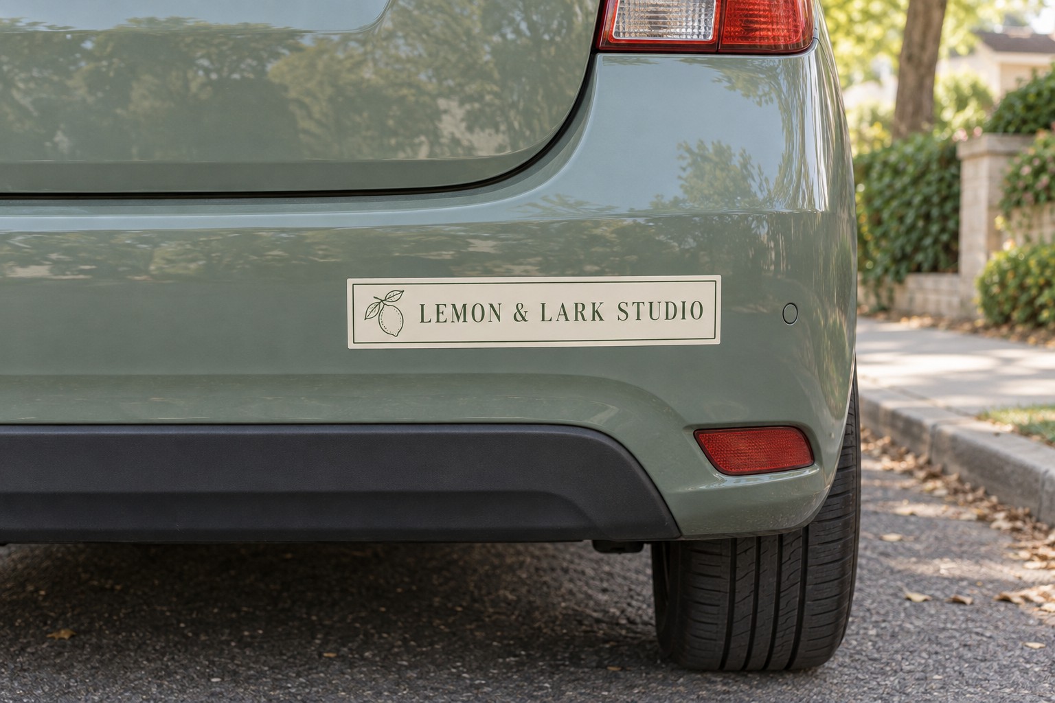 Illustration of a long rectangular bumper sticker on the rear of a sage green car just above the bumper