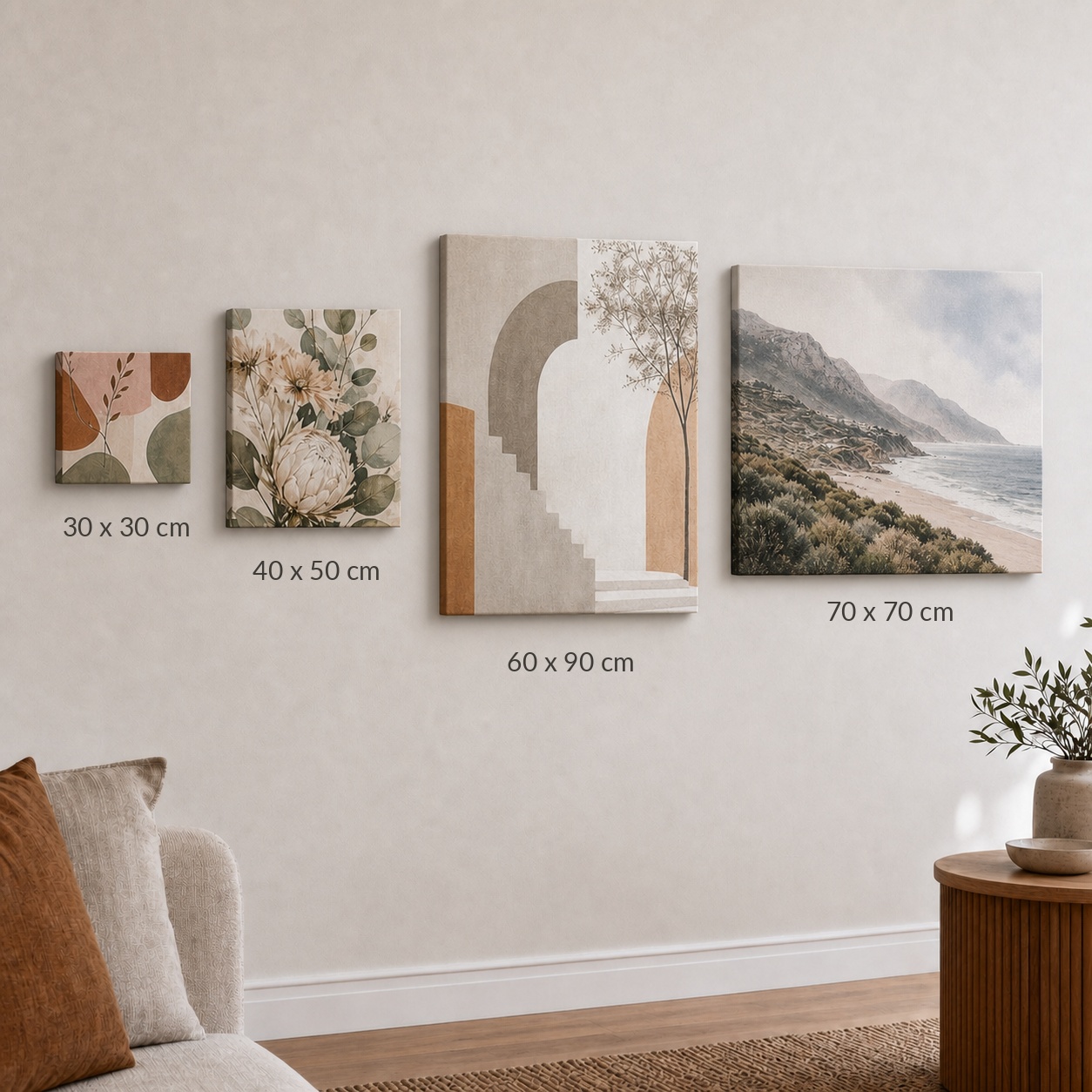 Canvas print sizes shown together on one wall · 400 gsm artist-grade canvas · full-colour digital print · unframed gallery wrap