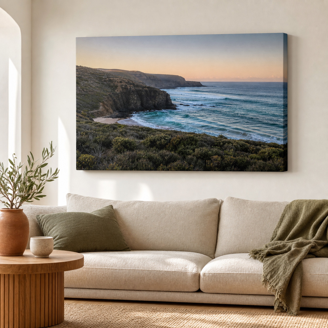 Canvas print hung in a living room · 400 gsm artist-grade canvas · full-colour digital print · unframed gallery wrap
