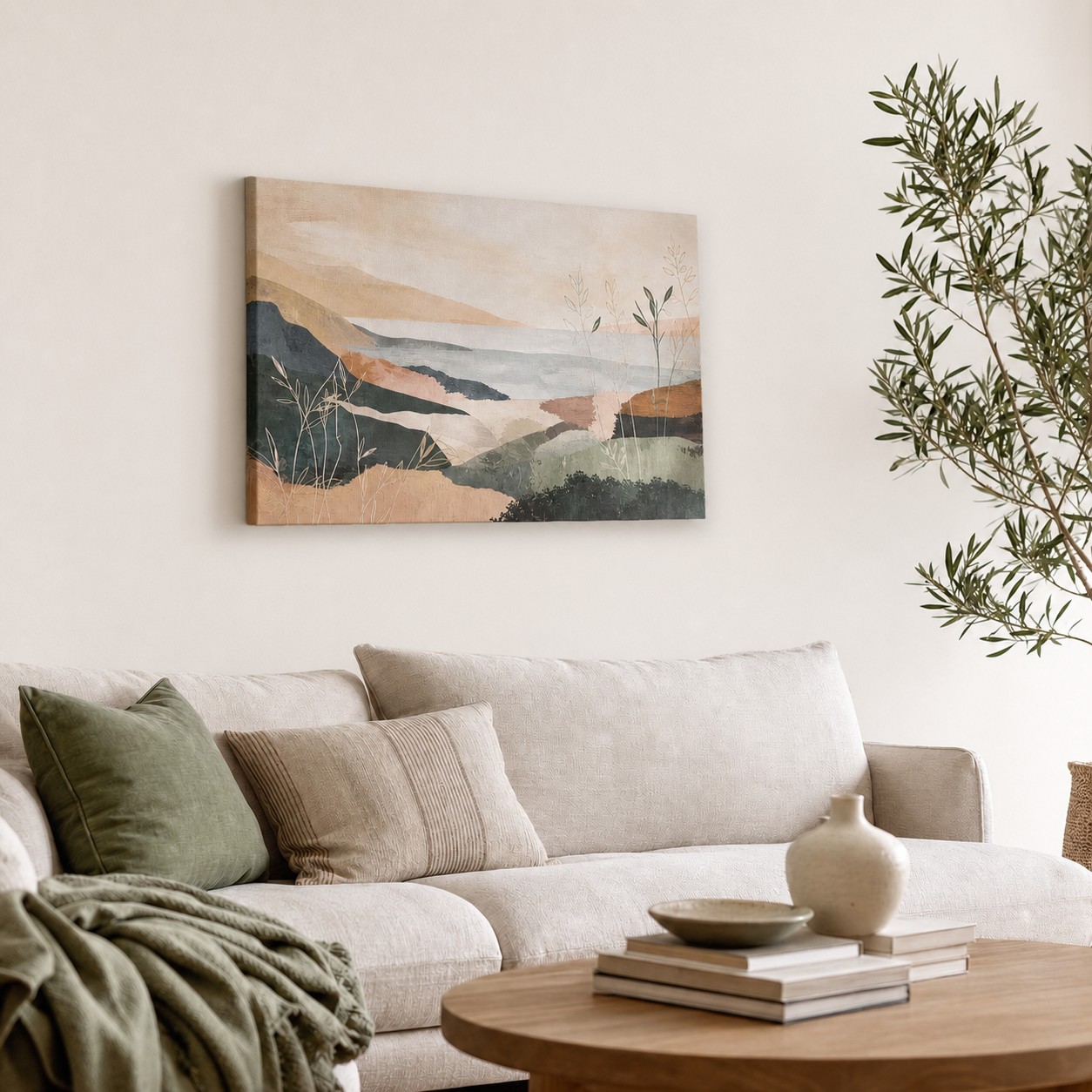 Canvas print above a sofa · 400 gsm artist-grade canvas · full-colour digital print · unframed gallery wrap