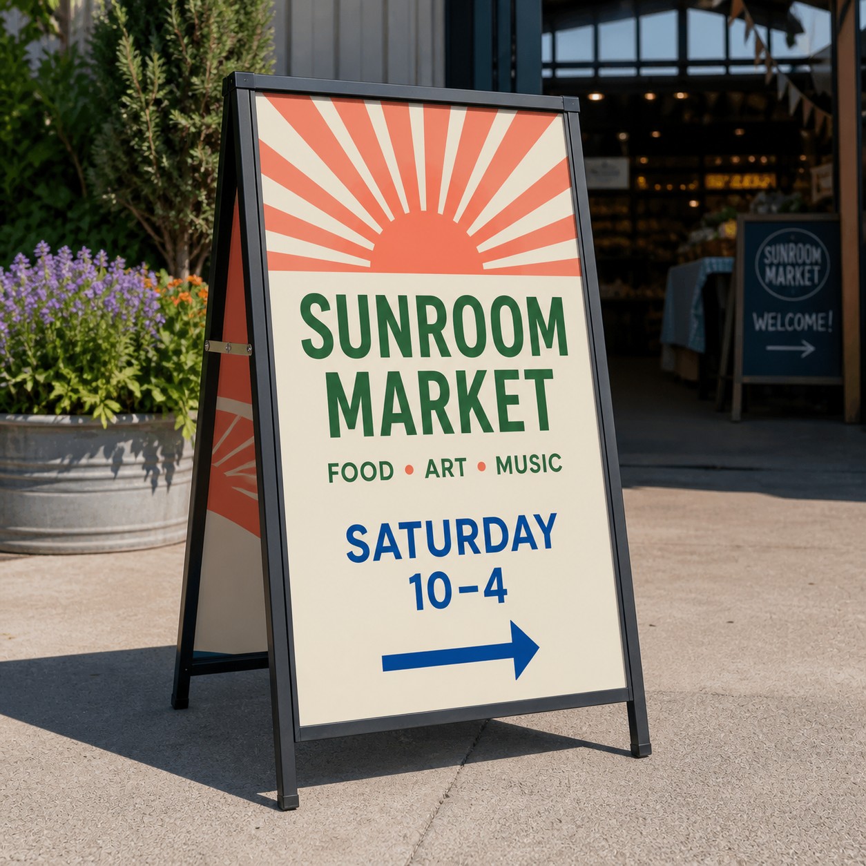 A-frame sign with corflute panel, cream green coral and blue print, black steel frame, at retail entrance with plants and shopfront, in use