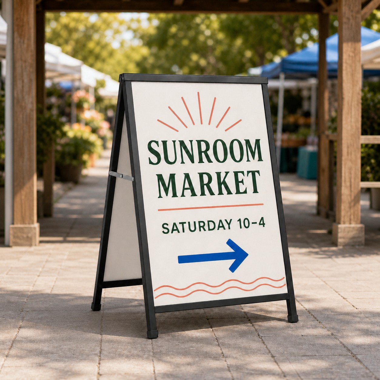 A-frame sign with corflute panel, cream green coral and blue print, black steel frame, on footpath under pergola with plants and shopfront