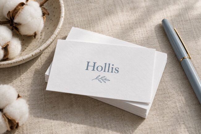 A stack of white cotton business cards on oatmeal linen with raw cotton bolls, a speckled dish, and a grey pen.