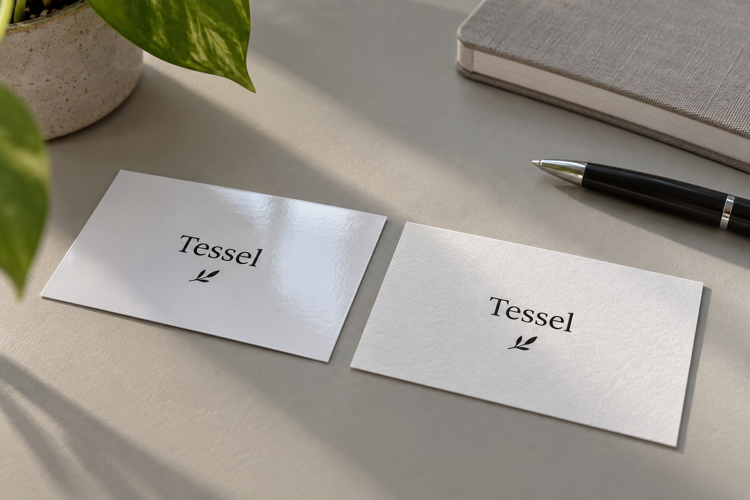 Two white business cards on a light grey desk, one glossy with a bright reflection, one matte cotton, with a black pen and grey notebook.