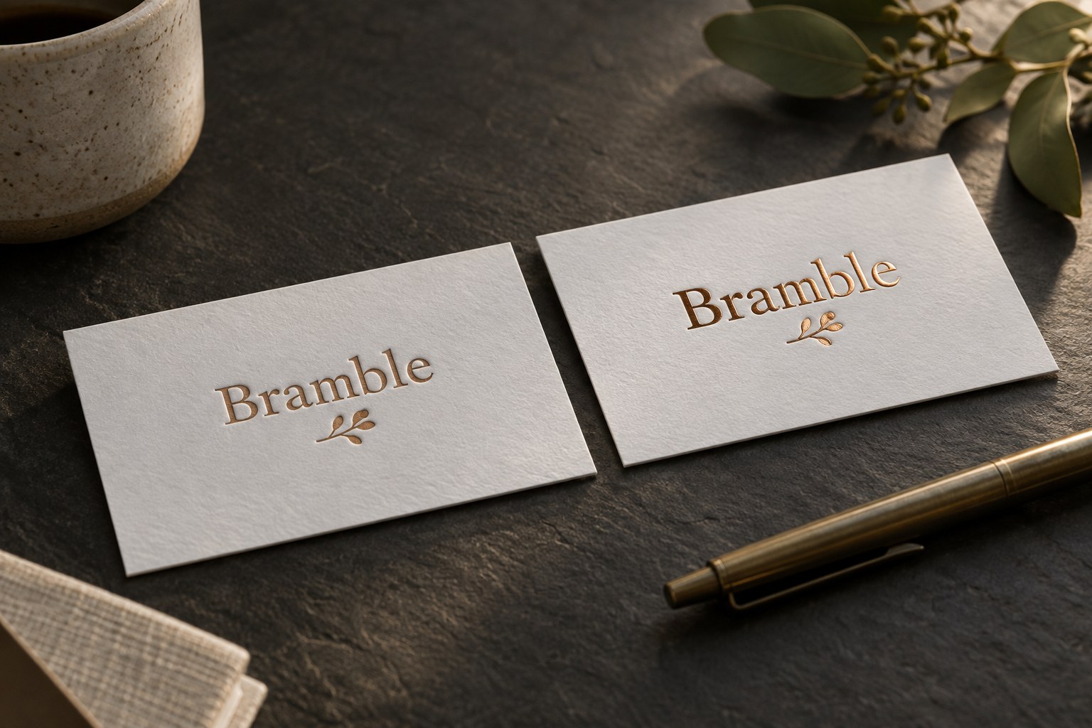 Two white cotton business cards on dark slate with copper foil sprigs, one pressed and one raised, beside a brass pen and eucalyptus sprig.