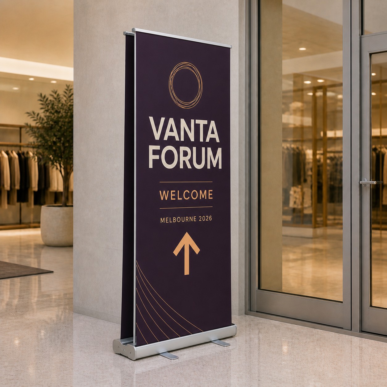 Double sided pull up banner with burgundy, white, copper and cream print, silver anodised base in a retail foyer with glass doors and plant.