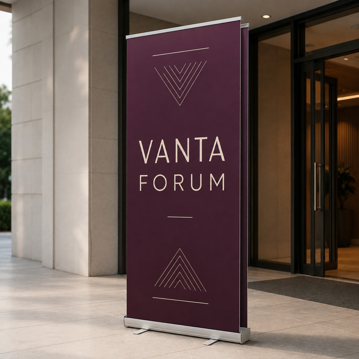 Double sided pull up banner 850 x 2100 mm with plum print and silver anodised base with fold out feet, at glass doors and second rail behind