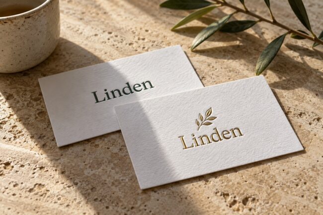Two white textured cotton business cards overlap on travertine stone, one pressed green name, one raised gold foil name and leaf motif.