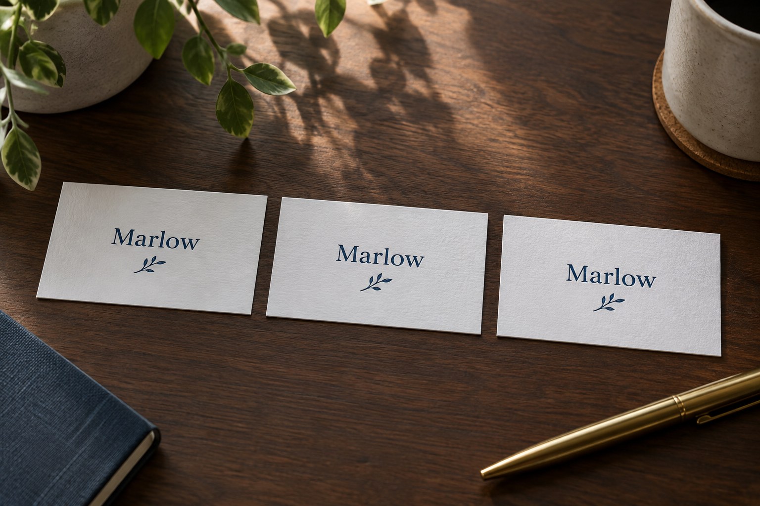 Three white cotton business cards in a row on a dark walnut desk, each with a navy blue name and tiny leaf sprig pressed into the card.