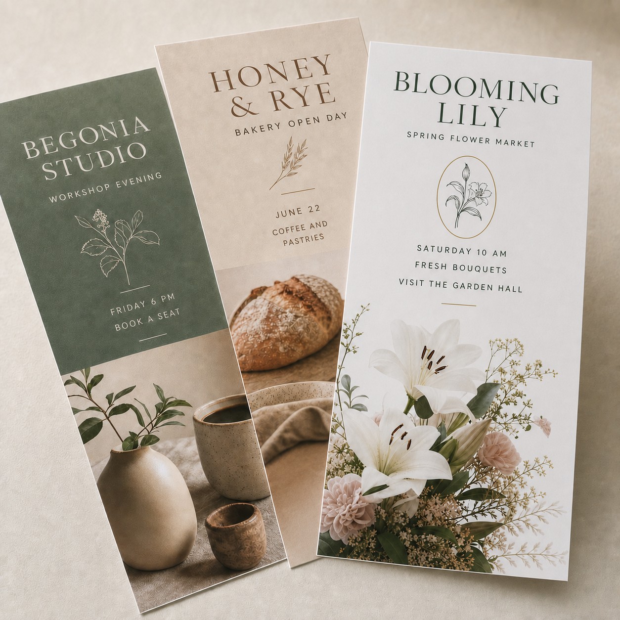 Printed flyers in three designs · 115 gsm gloss · full-colour digital print · front only