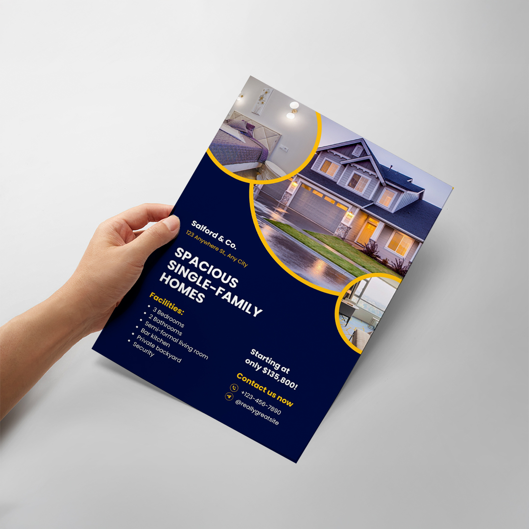 Printed property flyer held in hand · 115 gsm gloss · full-colour digital print · front only