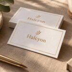 White cotton business cards with a gold foil leaf sprig and border on sand coloured linen, with gold pen, eucalyptus and stone cup.
