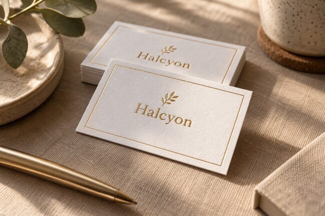 White cotton business cards with a gold foil leaf sprig and border on sand coloured linen, with gold pen, eucalyptus and stone cup.