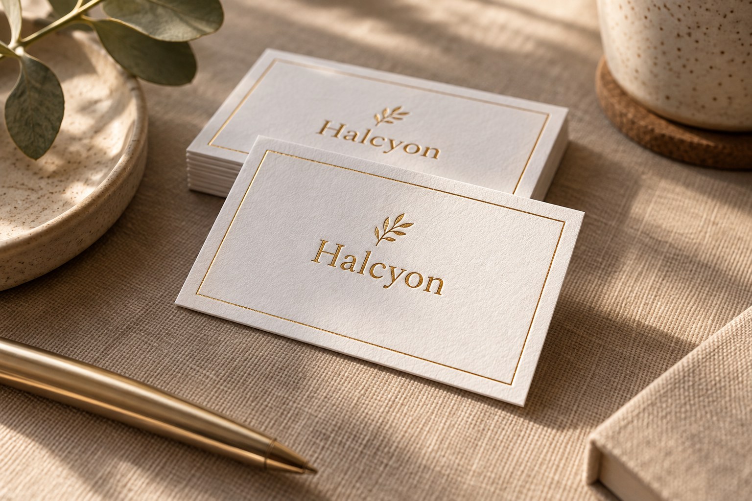 White cotton business cards with a gold foil leaf sprig and border on sand coloured linen, with gold pen, eucalyptus and stone cup.